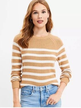 Ann Taylor LOFT Striped Chunky Waffle Knit Pullover Sweater Tan Large
